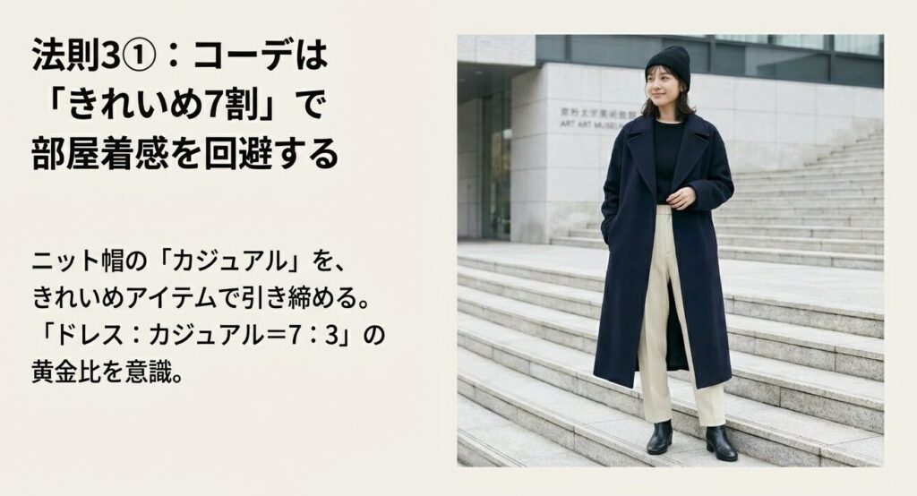 ロングコートとパンツスタイルにニット帽を合わせたきれいめ7割の大人コーデ