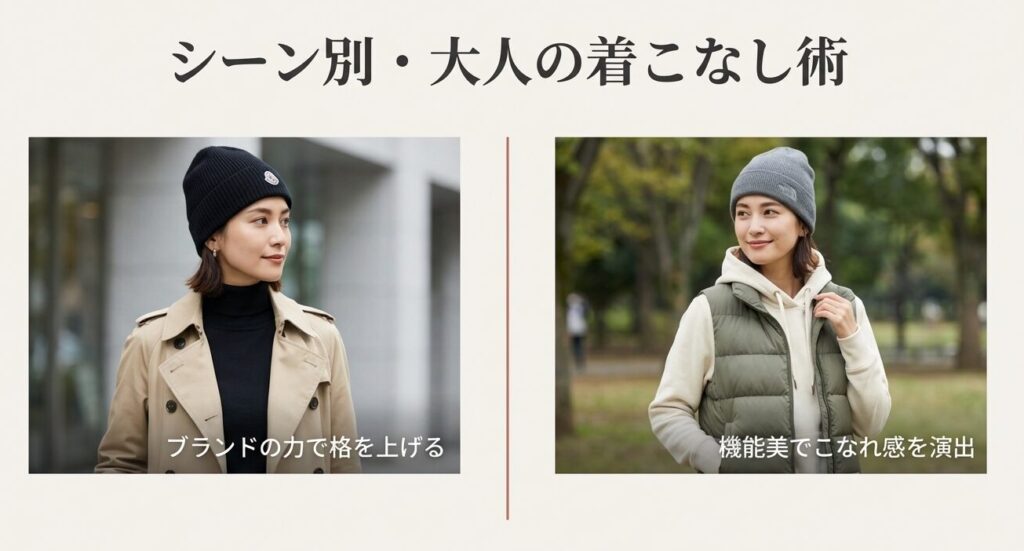 モンクレールのロゴ入り黒ニット帽とトレンチコートのコーディネート