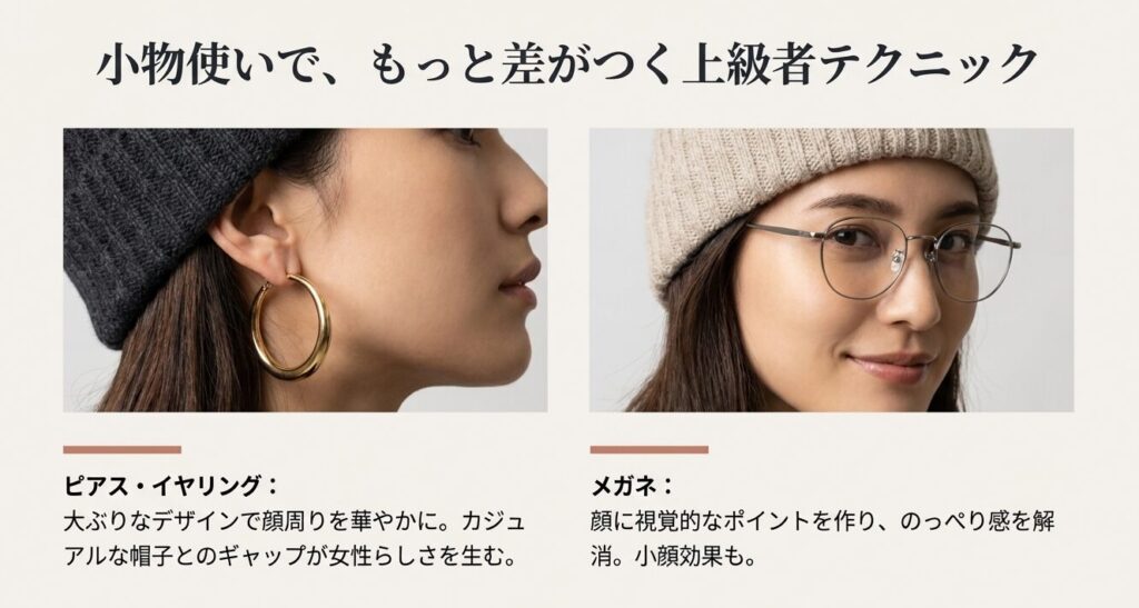 ニット帽に合わせる小物テクニック：大ぶりフープピアスとメタルフレーム眼鏡