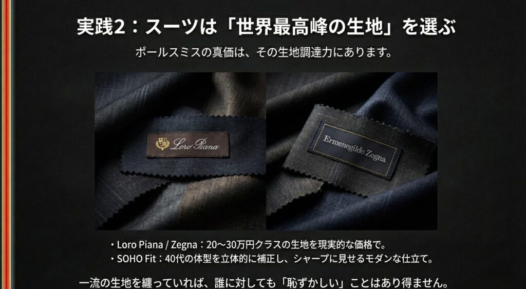 ロロ・ピアーナやゼニア生地を使用したポールスミスのスーツ