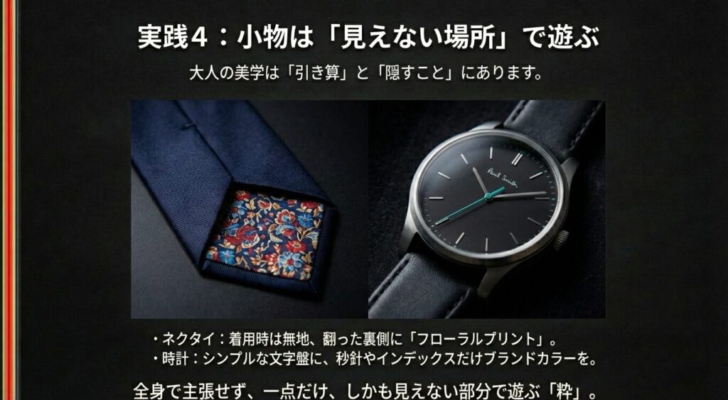 見えない場所で遊ぶポールスミスのネクタイと時計のディテール