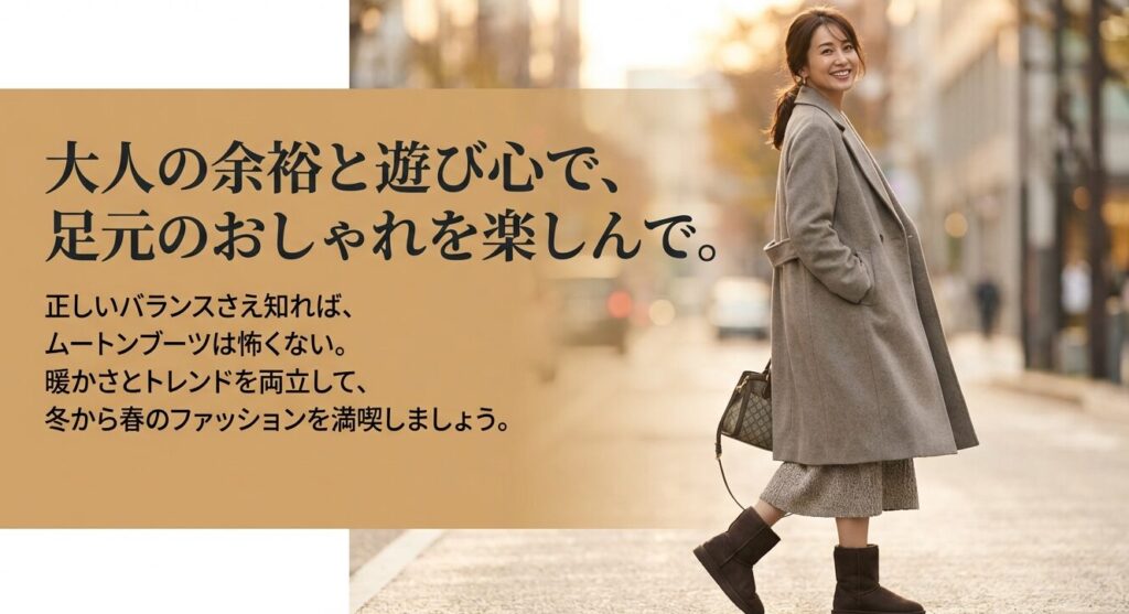 正しいバランスを知り、大人の余裕と遊び心で暖かさとトレンドを両立したムートンブーツのおしゃれを満喫しようというメッセージ
