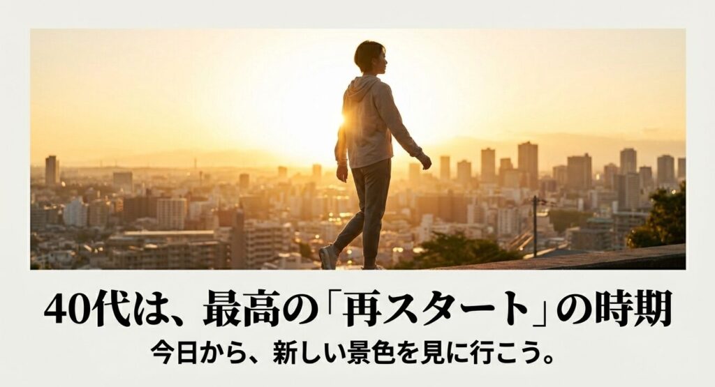 40代は最高の再スタートの時期であり、新しい景色を見に行こうという応援メッセージ