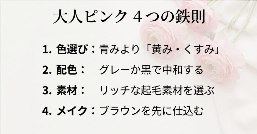 40代の大人ピンクコーデを成功させる色選び・配色・素材・メイクの4つの鉄則まとめ