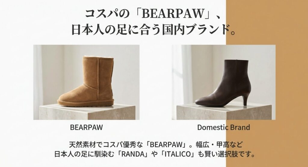 天然素材でコスパが優秀なBEARPAWや、日本人の足に馴染みやすいRANDA、ITALICOといった国内ブランドの選択肢