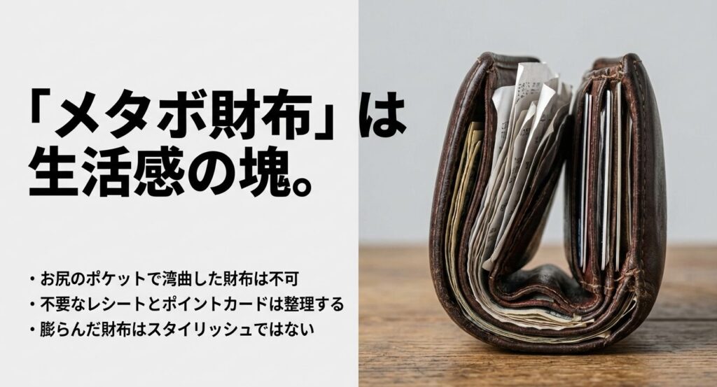 レシートやカードでパンパンに膨らんだ二つ折り財布は生活感が出て恥ずかしい