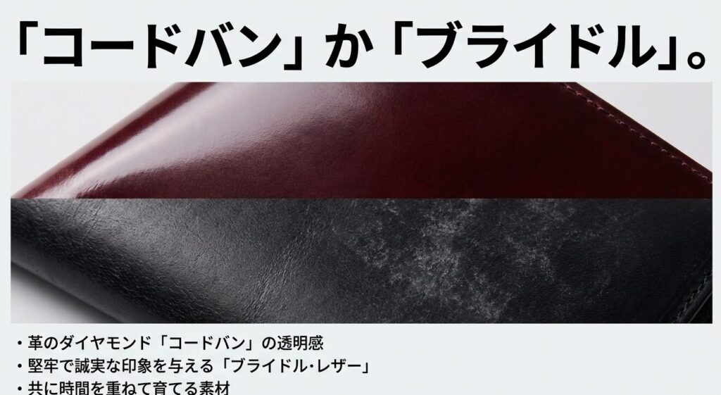 革のダイヤモンドと呼ばれるコードバンと堅牢なブライドルレザーの美しい経年変化