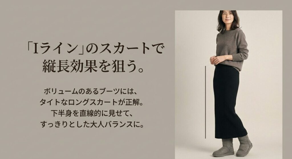 ボリュームのあるブーツにはタイトなロングスカートを合わせ、下半身を直線的に見せてIラインで縦長効果を狙うスタイリング案