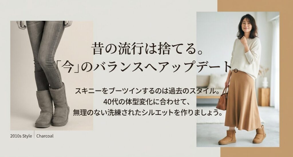 スキニーをブーツインするのは過去のスタイルであり、今のバランスへアップデートすることを促す解説