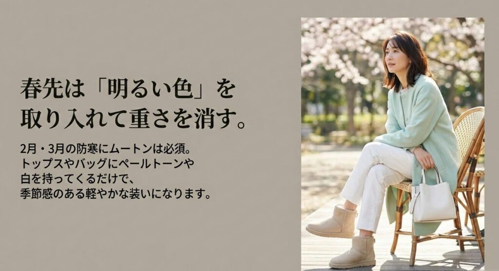 春先はトップスやバッグにペールトーンや明るい色を取り入れ、ムートンブーツの重さを消す季節感のある装い