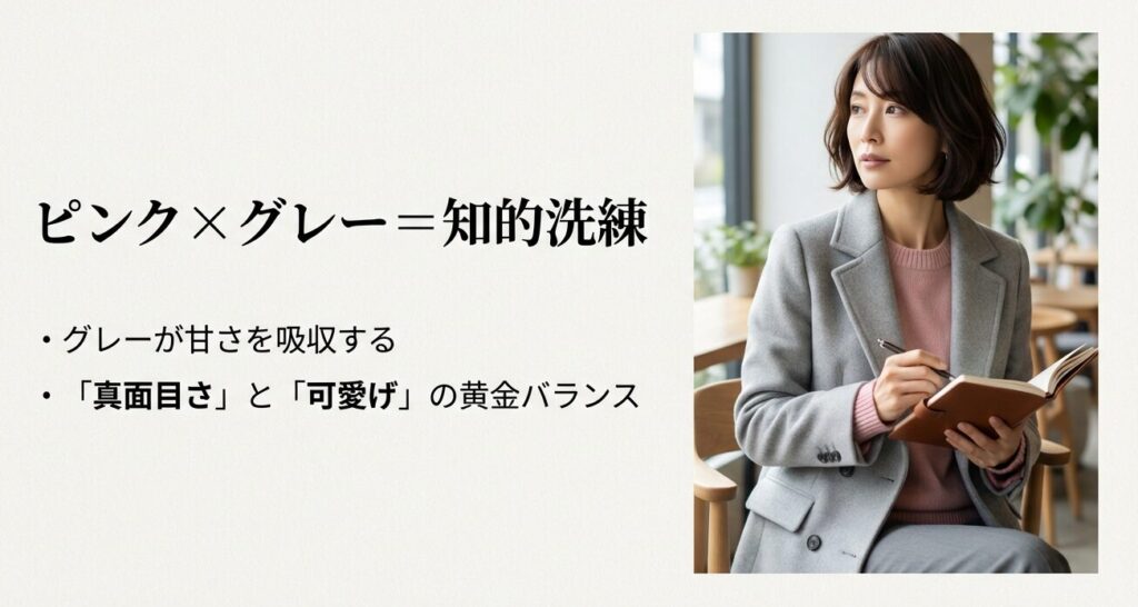 グレーのチェスターコートのインナーにピンクニットを合わせた知的で洗練された40代女性のコーディネート