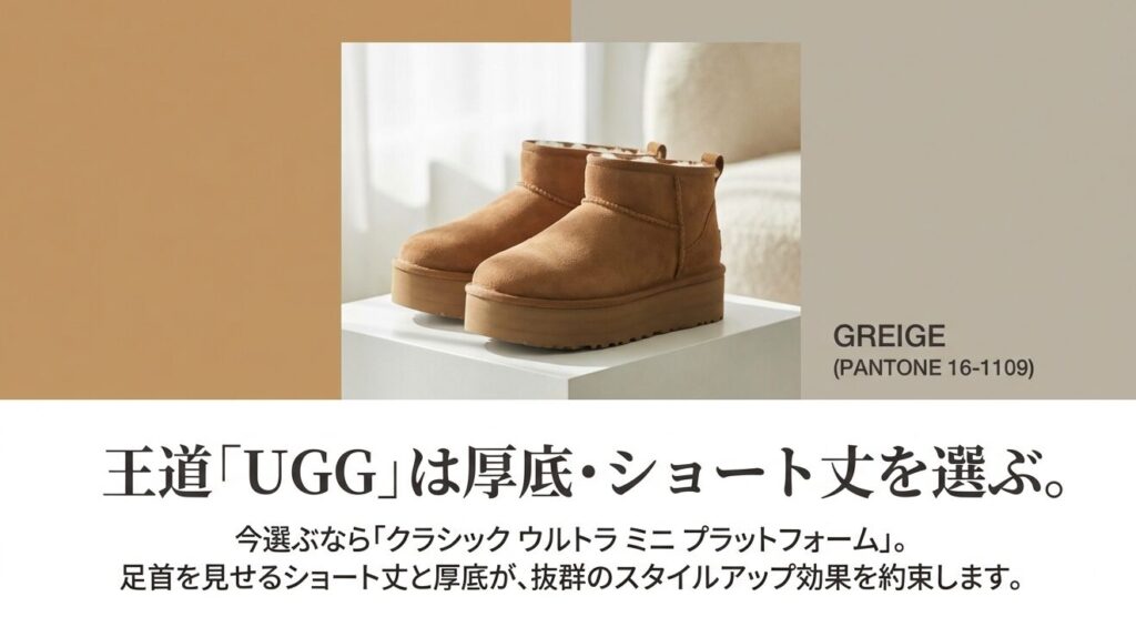 王道ブランドUGGの今選ぶべきモデルとして、厚底でスタイルアップ効果のあるクラシックウルトラミニプラットフォームを紹介