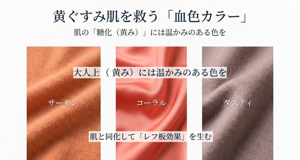 黄ぐすみ肌を救うサーモンピンクやコーラルピンクの血色カラーとレフ板効果の図解