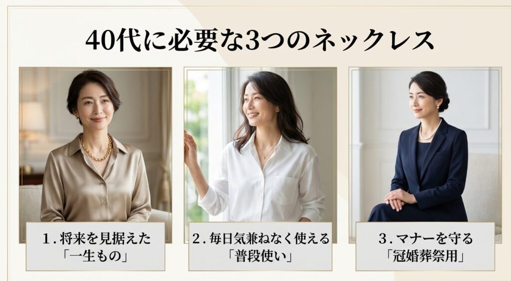40代に必要な3つのネックレス。1.将来を見据えた一生もの、2.毎日気兼ねなく使える普段使い、3.マナーを守る冠婚葬祭用。