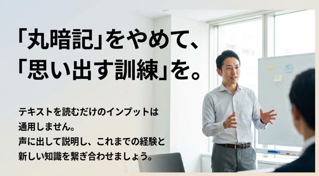 丸暗記をやめて思い出す訓練を。テキストを読むだけでなく声に出して新しい知識と経験を繋ぎ合わせる