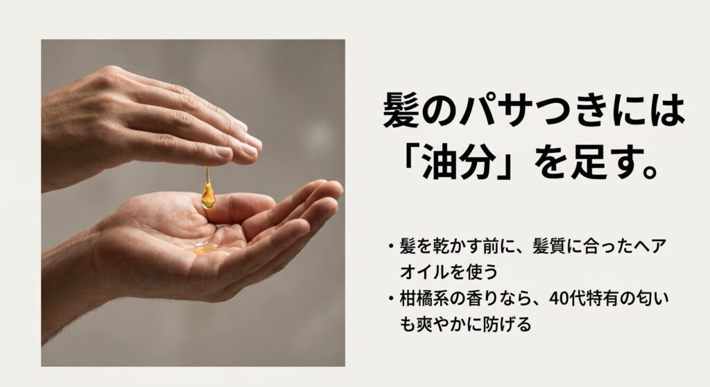 髪のパサつきには油分を足す。40代男性におすすめのヘアオイルの使い方