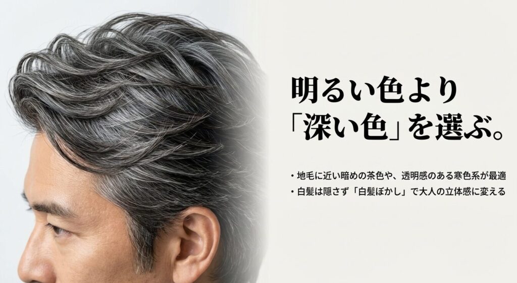 40代男性は明るい色より深い色を選ぶ。白髪ぼかしで大人の立体感を作る