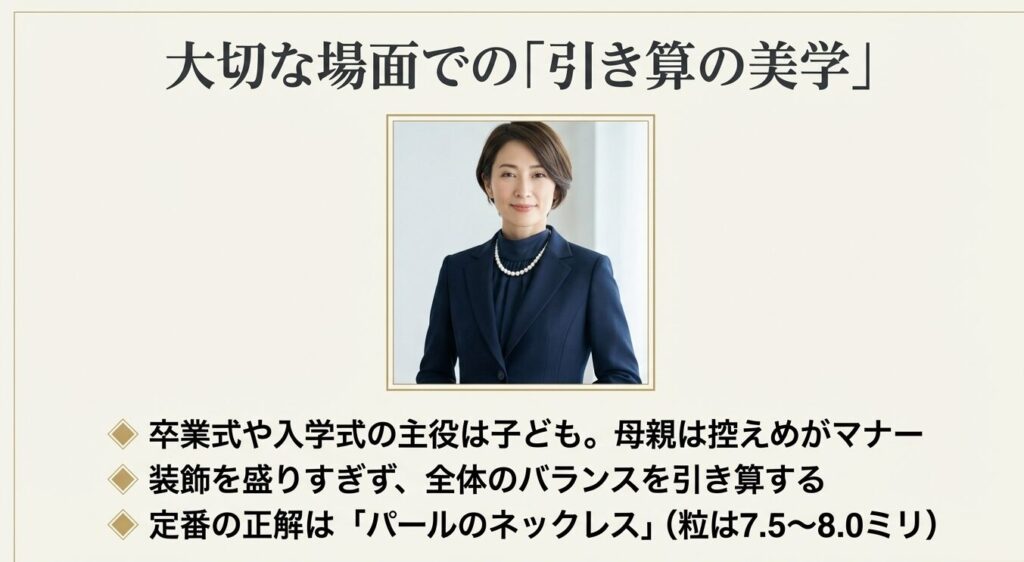 大切な場面での引き算の美学。卒業式や入学式の主役は子どもであり母親は控えめがマナー。装飾を盛りすぎず全体のバランスを引き算する。定番の正解はパールのネックレス。