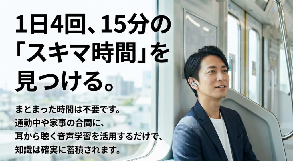 1日4回15分のスキマ時間を見つける。まとまった時間は不要で、通勤中や家事の合間の音声学習を活用する