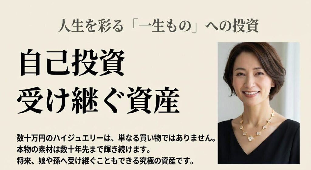 心を満たす一生ものの価値。18金やプラチナなど純度の高い本物の素材を選ぶ。年齢を重ねた肌に映える重厚感のあるデザインは、将来家族へ受け継ぐことができる確実な自己投資。