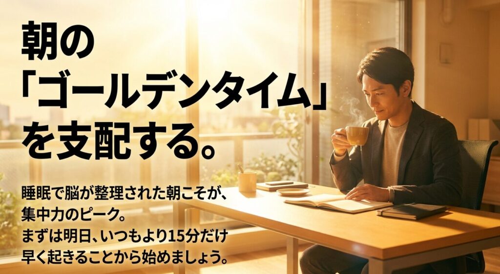 朝のゴールデンタイムを支配する。睡眠で脳が整理された集中力のピークに、いつもより15分早く起きる