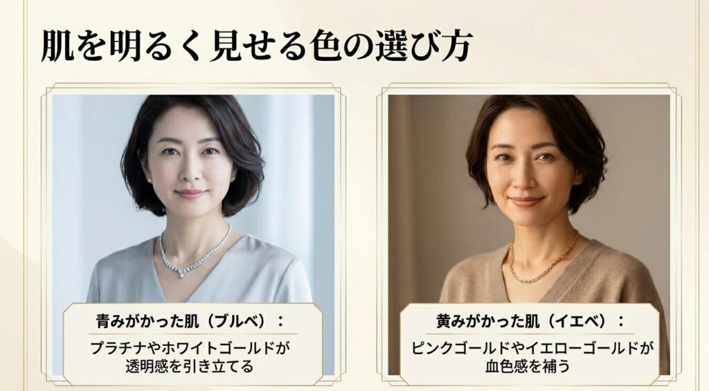 肌を明るく見せる色の選び方。青みがかった肌(ブルベ)には透明感を引き立てるプラチナやホワイトゴールド。黄みがかった肌(イエベ)には血色感を補うピンクゴールドやイエローゴールド。