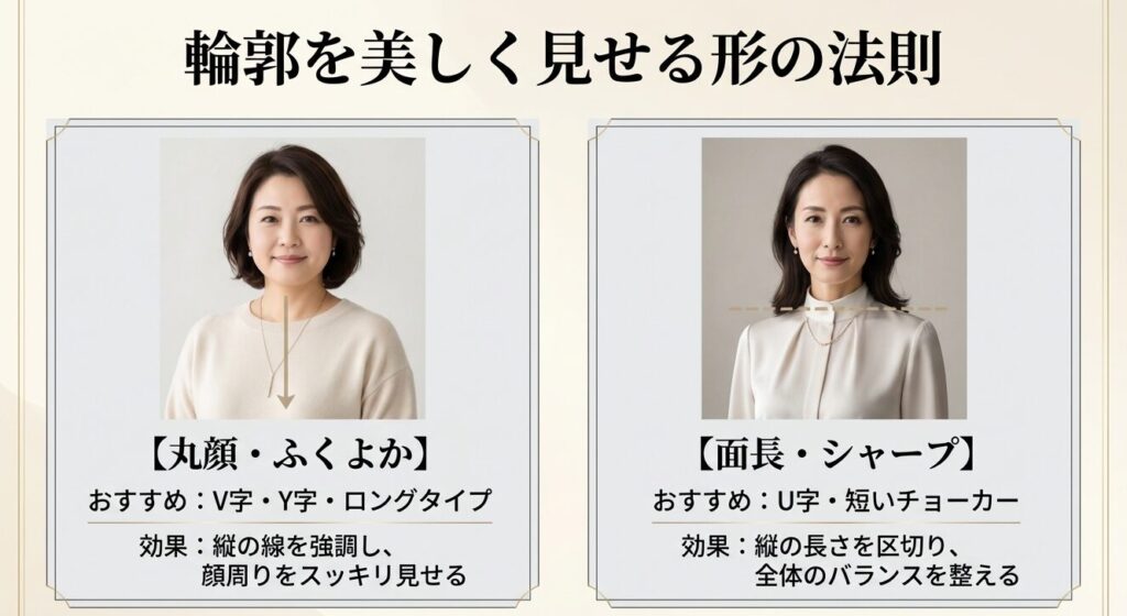 輪郭を美しく見せる形の法則。丸顔・ふくよかさんには縦ラインを強調するV字・Y字・ロングタイプ。面長・シャープさんには縦を区切るU字・短いチョーカーがおすすめ。