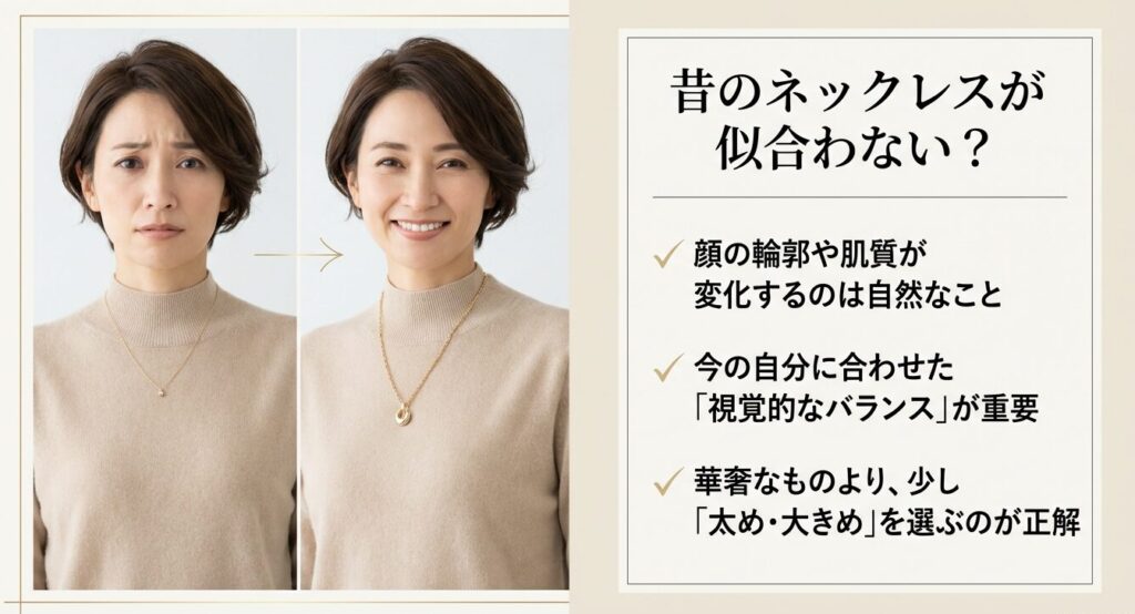 昔の華奢なネックレスが似合わない?顔の輪郭や肌質が変化するのは自然なこと。今の自分に合わせた視覚的なバランスが重要です。太め・大きめを選ぶのが正解。