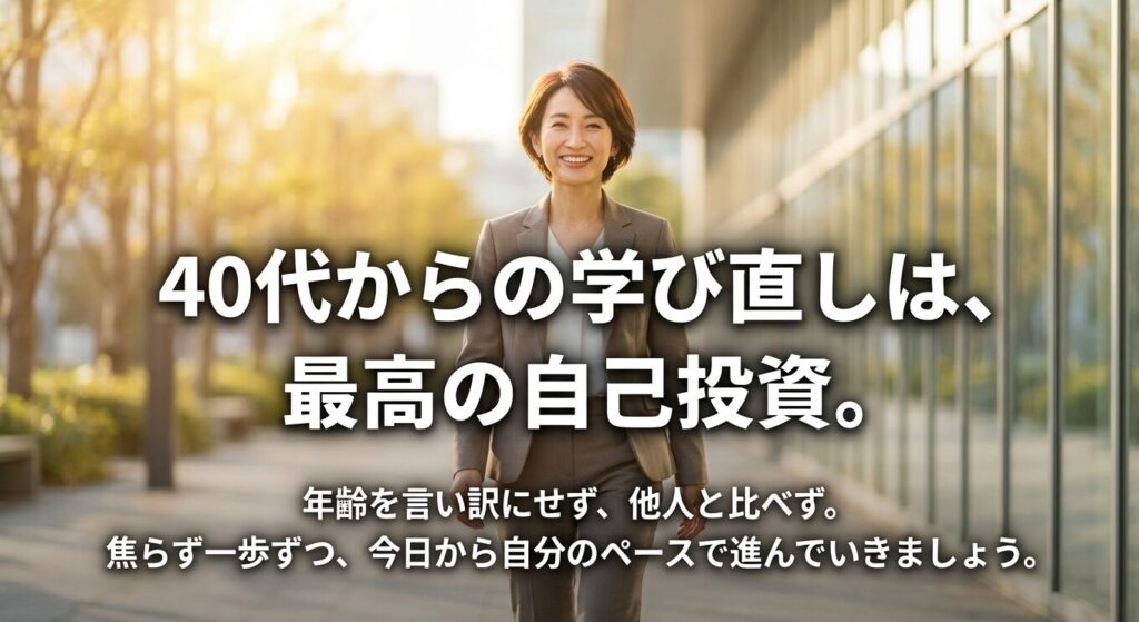 40代からの学び直しは最高の自己投資。年齢を言い訳にせず他人と比べず、焦らず一歩ずつ自分のペースで進む