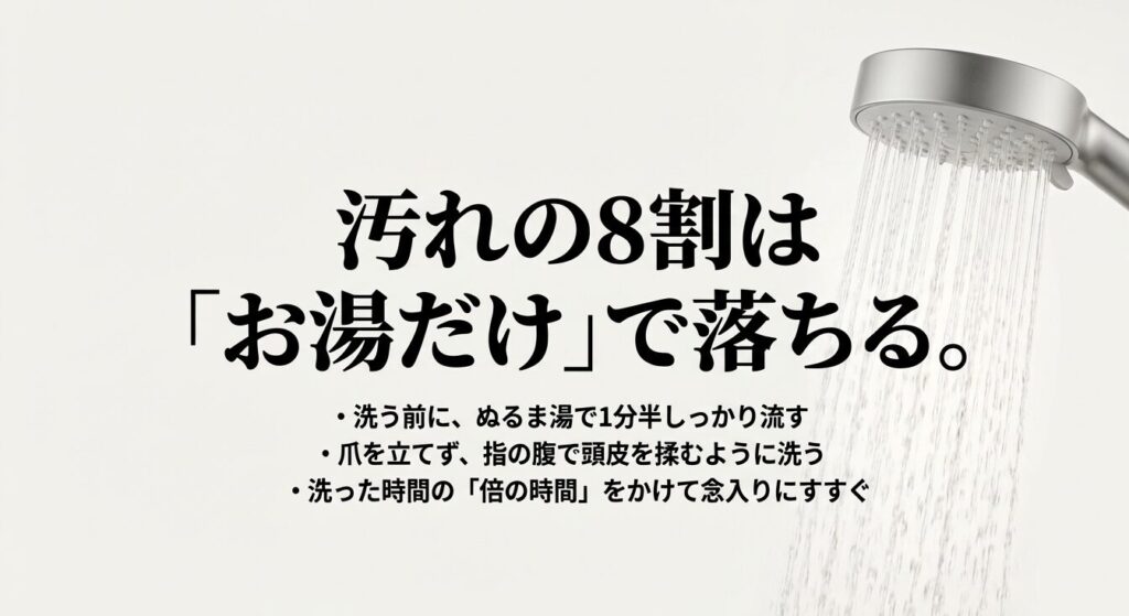 汚れの8割はお湯だけで落ちる。正しい洗髪手順と予洗いの重要性