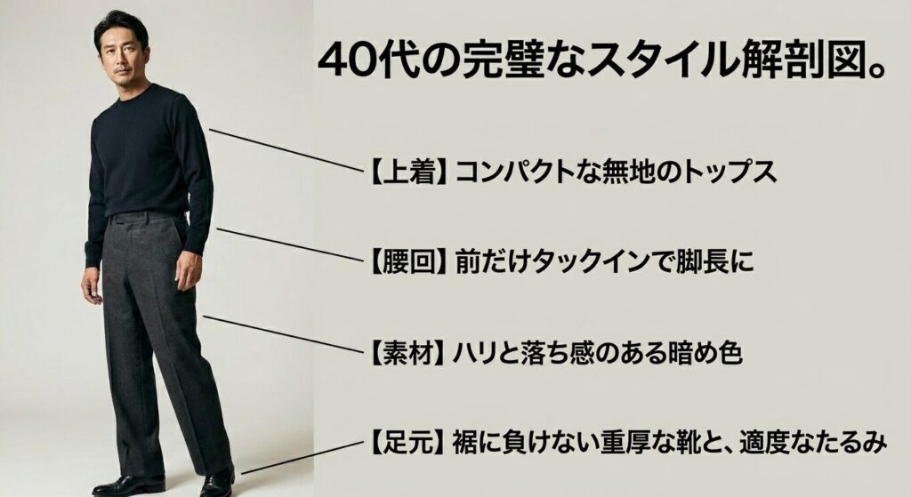 40代の完璧なスタイル解剖図。【上着】コンパクトな無地のトップス 【腰回】前だけタックインで脚長に 【素材】ハリと落ち感のある暗め色 【足元】裾に負けない重厚な靴と、適度なたるみ