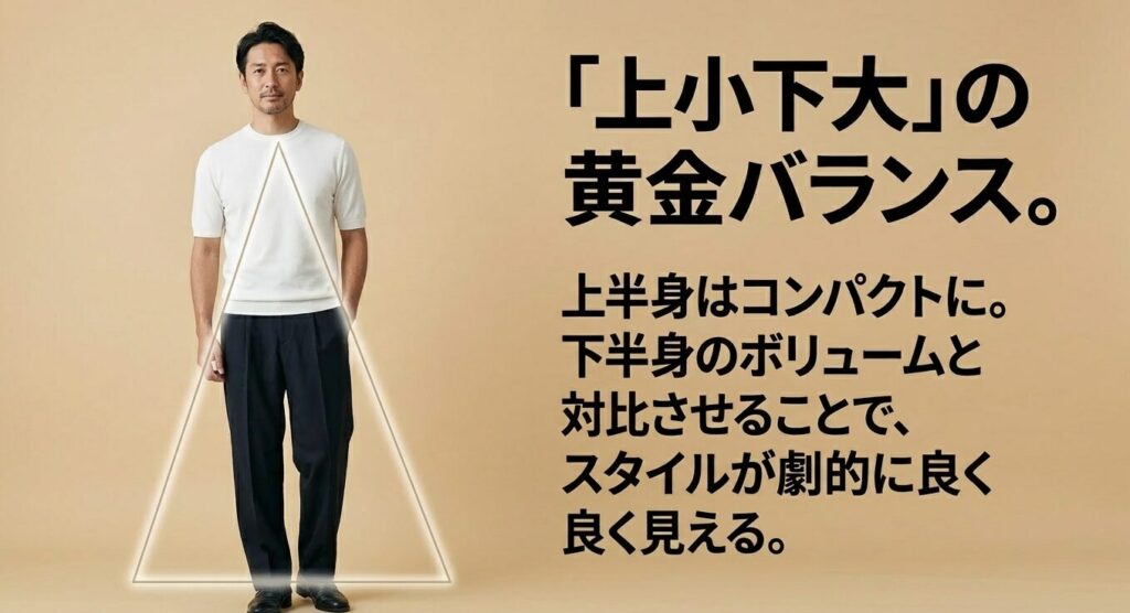 「上小下大」の黄金バランス。上半身はコンパクトに。下半身のボリュームと対比させることで、スタイルが劇的に良く見える。