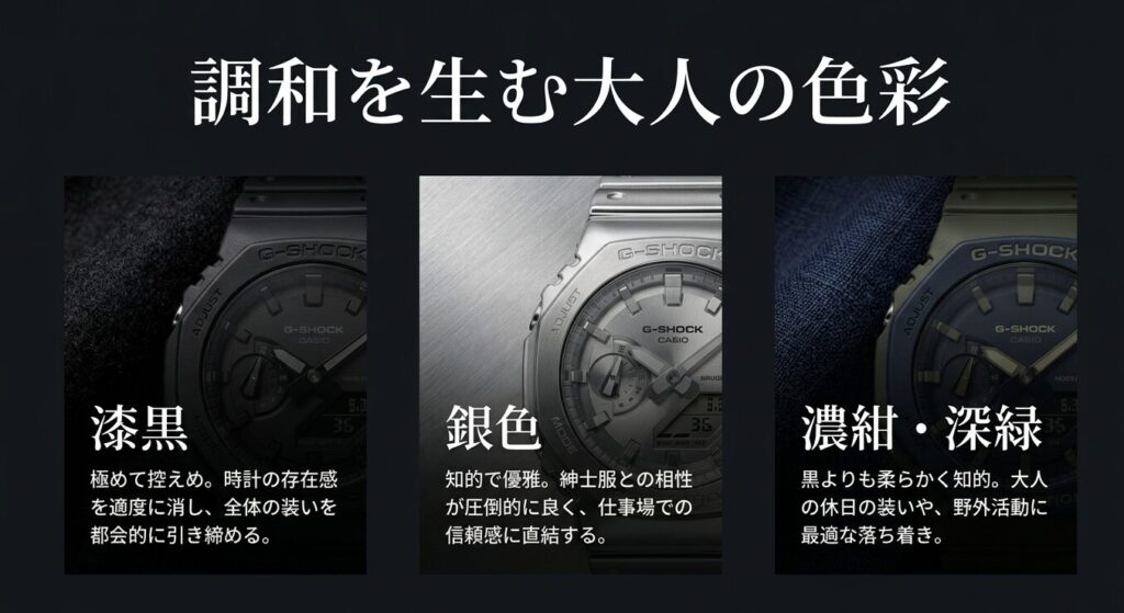 大人の着こなしに調和を生むおすすめの色彩である漆黒、銀色、濃紺・深緑