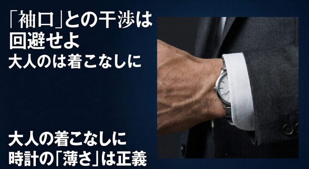 大人の着こなしにおいて極めて重要な時計の薄さと袖口との干渉回避