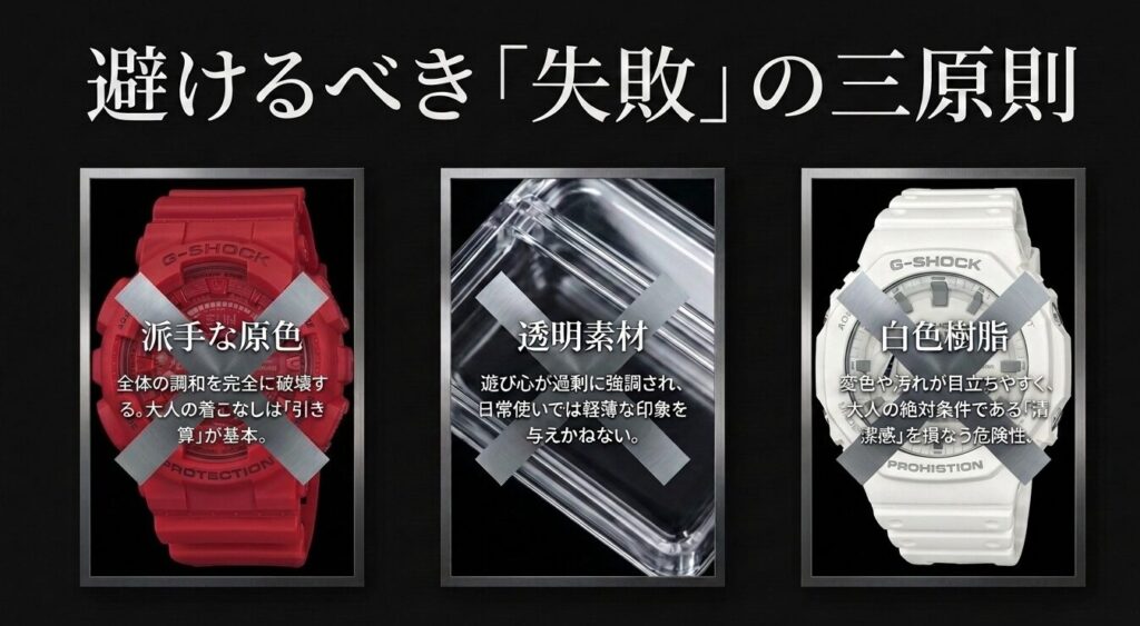 大人のG-SHOCK選びで避けるべき派手な原色・透明素材・白色樹脂の3つの失敗パターン