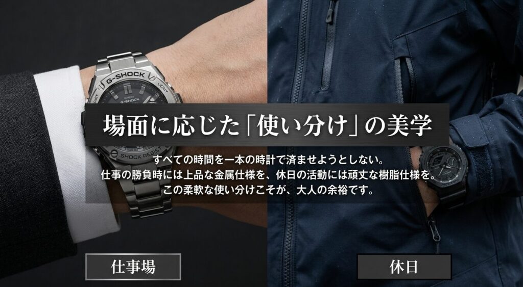 仕事場での金属仕様と休日での樹脂仕様を分ける場面に応じた柔軟な使い分け