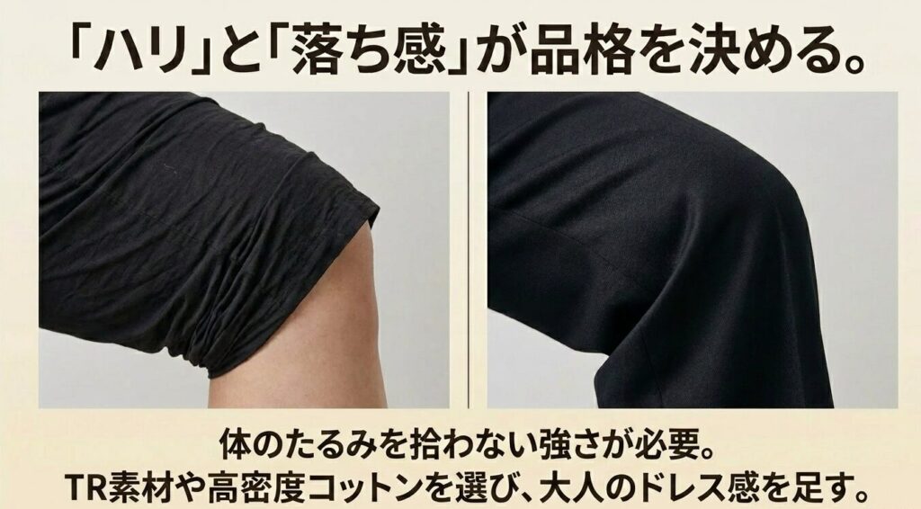 「ハリ」と「落ち感」が品格を決める。体のたるみを拾わない強さが必要