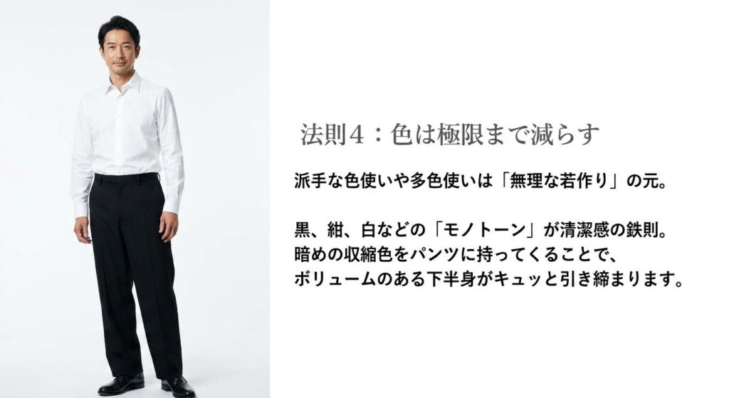 色を減らす。基本はモノトーン。黒、濃紺、グレーの「収縮色」で下半身の土台を作る。