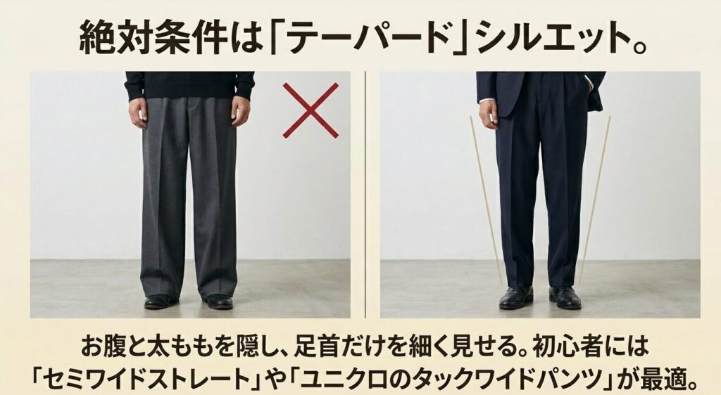 絶対条件は「テーパード」シルエット。お腹と太ももを隠し、足首だけを細く見せる。