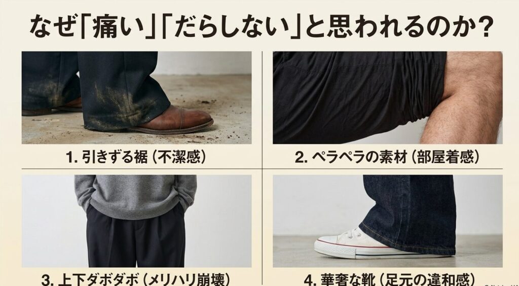 なぜ「痛い」「だらしない」と思われるのか? 1. 引きずる裾 2. ペラペラの素材 3. 上下ダボダボ 4. 華奢な靴